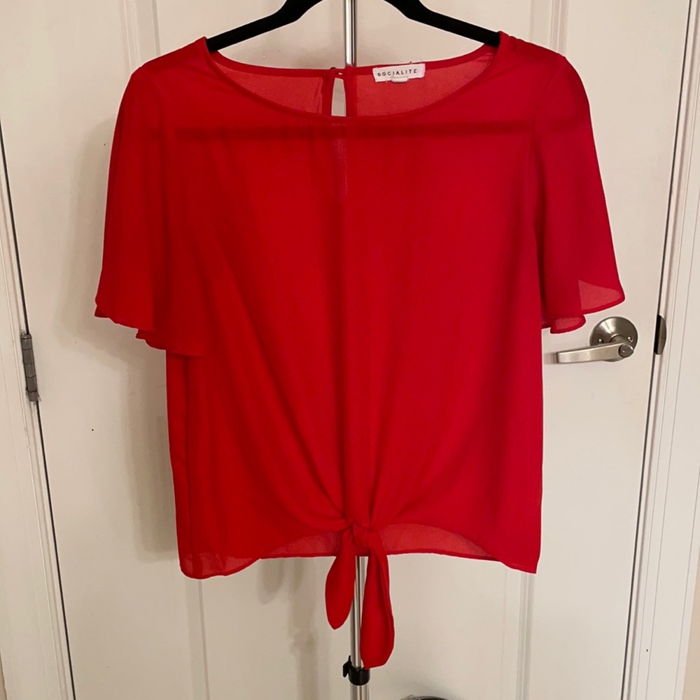 Socialite Red Front Tie Top - Picture 2 of 3